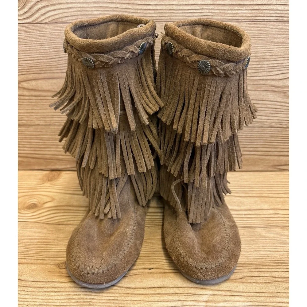 Minnetonka 3 Layer Triple Fringe Boot Moccasins Youth Sz 3 Brown Leather